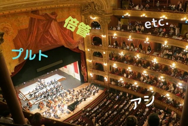 音楽ホールでオーケストラが演奏している画像です。