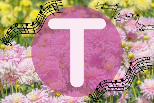 花畑の背景にアルファベットのTが書かれています。